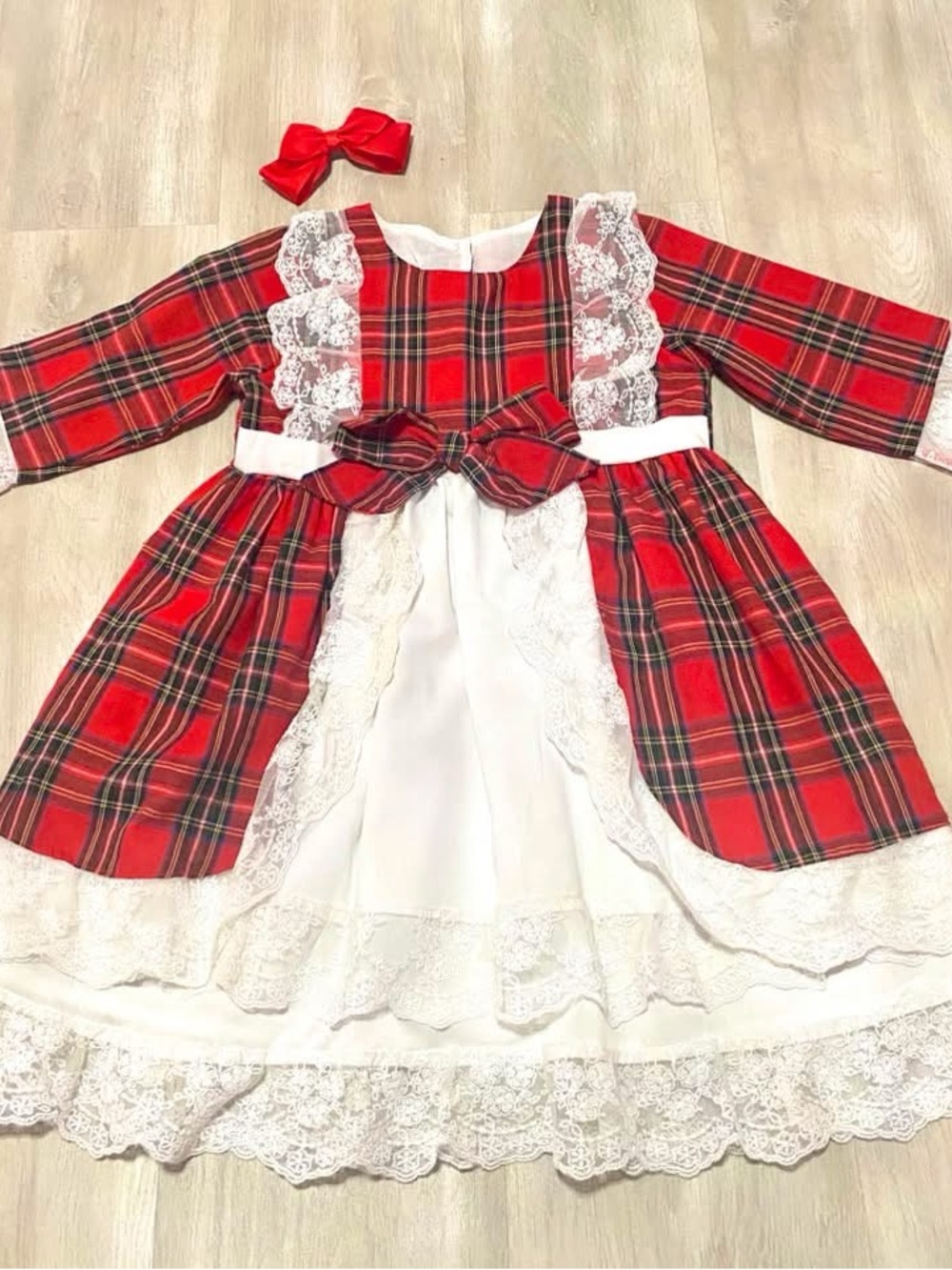 Girls Red Plaid Lace-Trim Holiday Dress with Bow